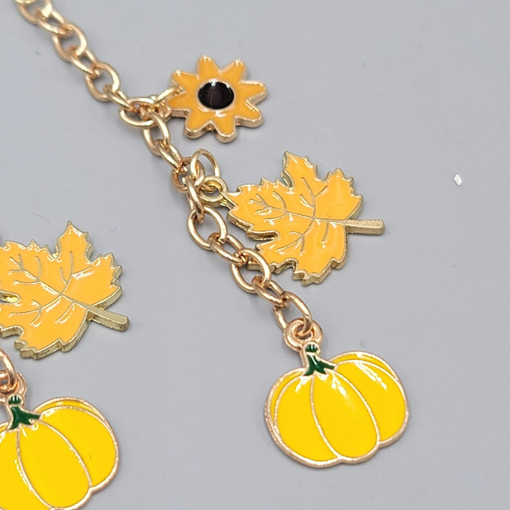Autumn Fall Theme Pierced Earrings Flower Pumpkin Leaf Gold tone Dangle 2.75 in