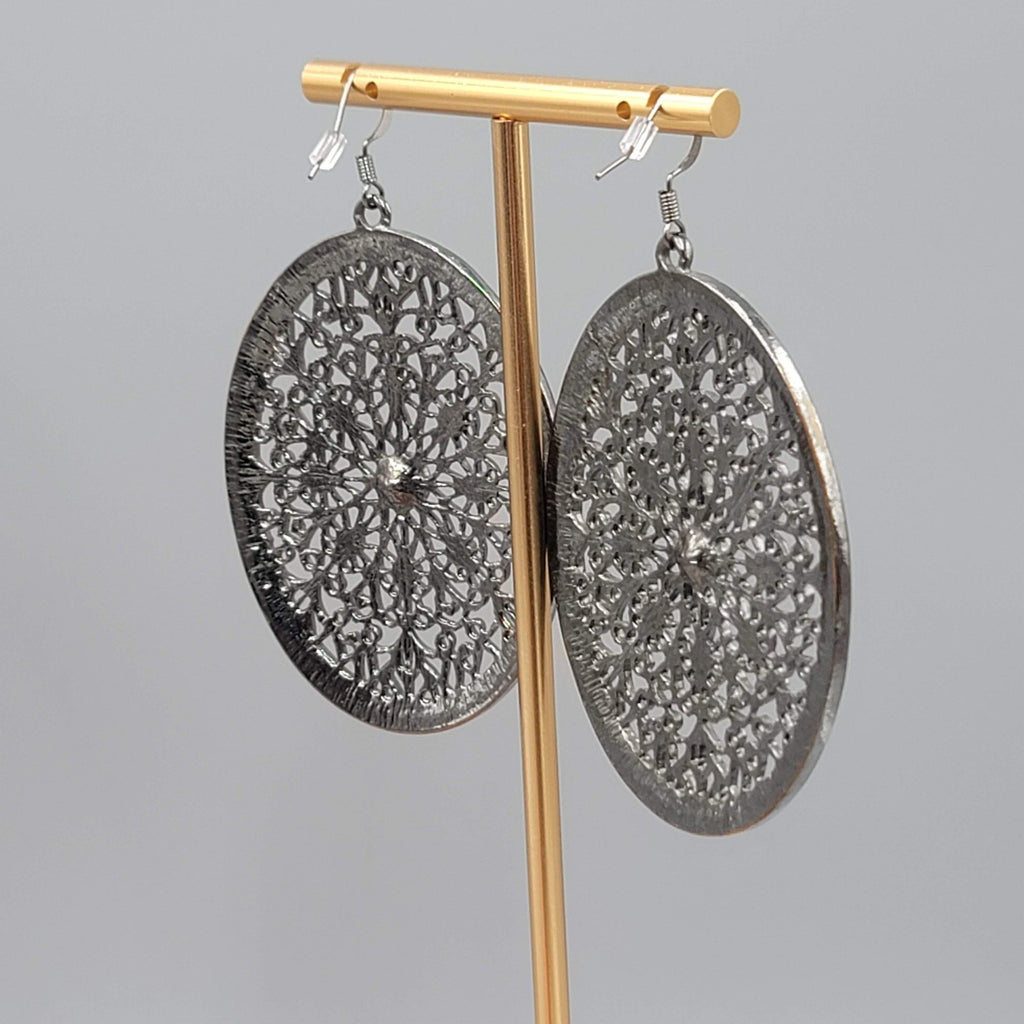 Large Medallion Pierced Earrings Black Metal Rhinestone Open Oval Dangle 2.5 in