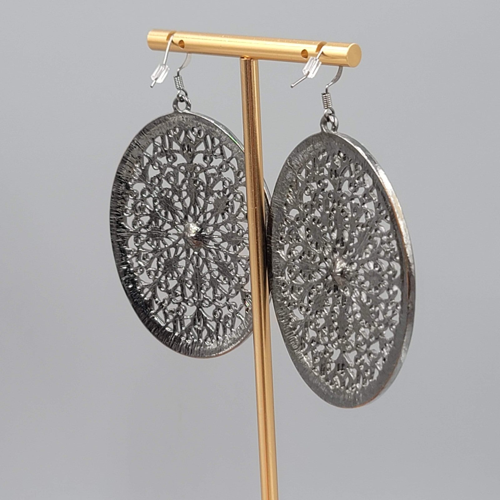 Large Medallion Pierced Earrings Black Metal Rhinestone Open Oval Dangle 2.5 in