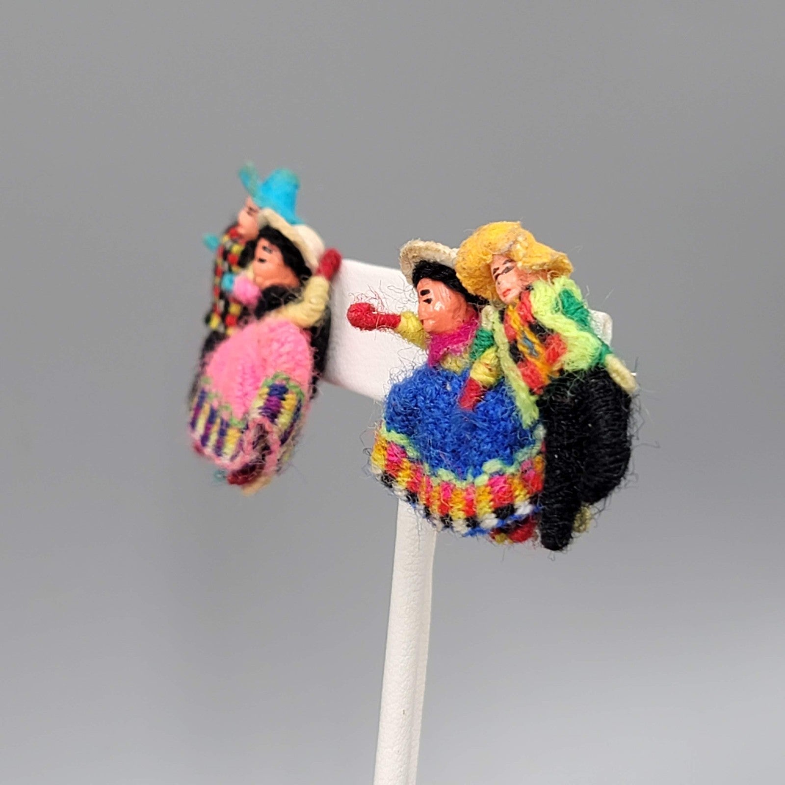 Vintage Guatemala Worry Doll Pierced Earrings 1.25 in