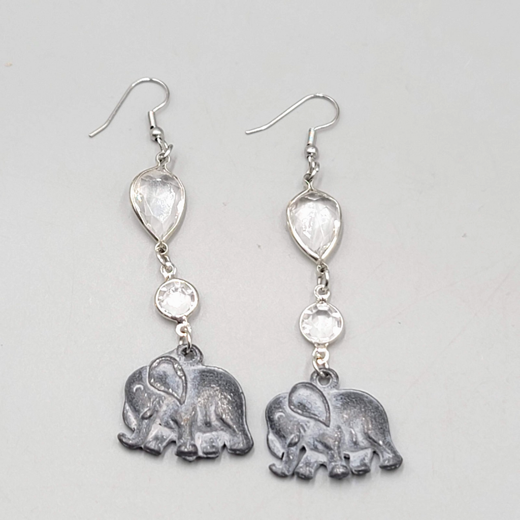 Pewter Elephant Pierced Earrings Silver tone Dangle  2.5 in