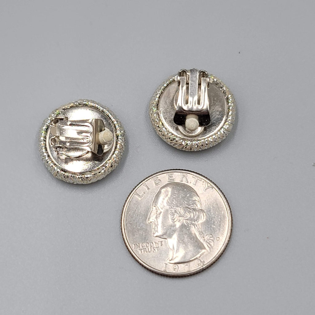Vintage Clip on Earrings Silver tone Pink Thread Button Studs 3/4"