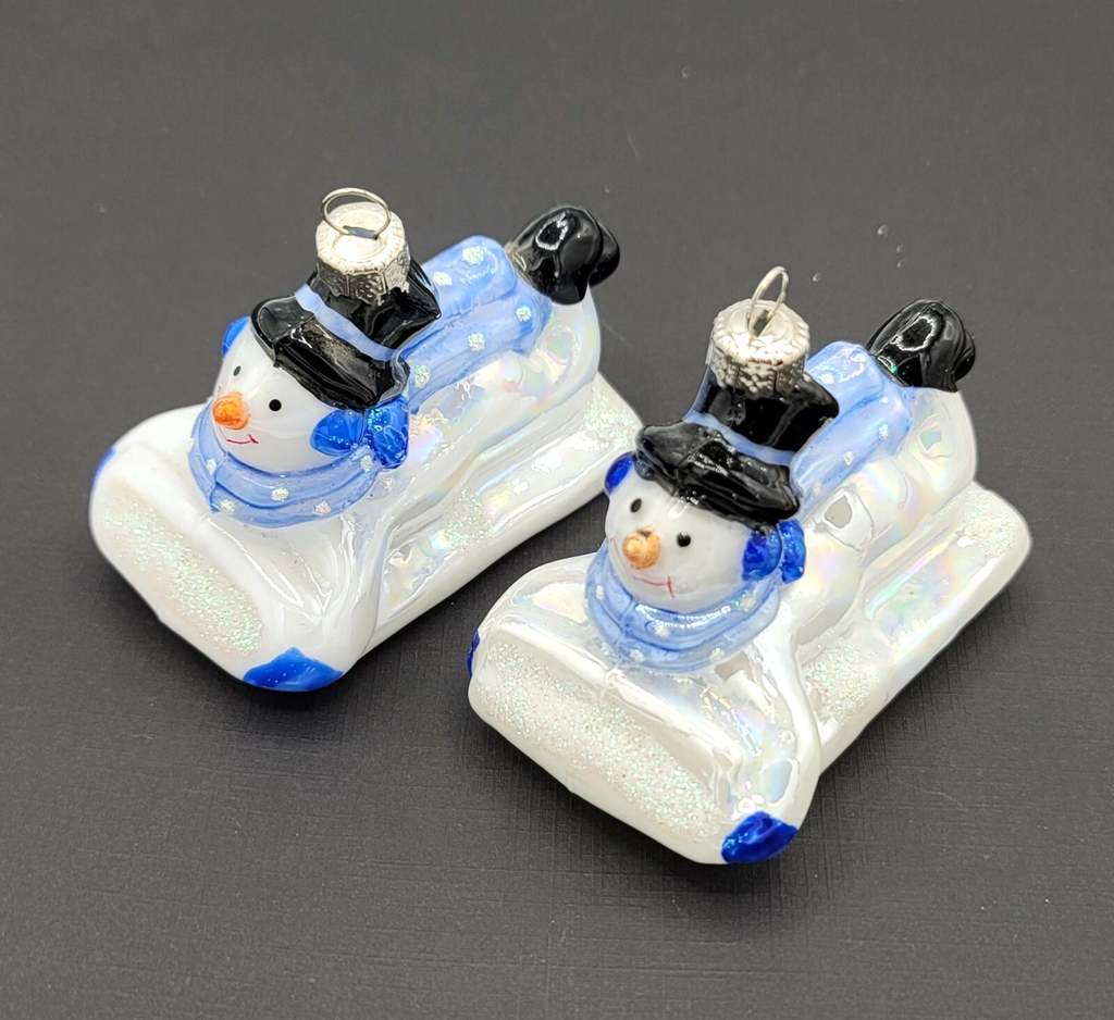 Snowman Christmas Ornament Glass Sledding Colorful Glitter Lot of 2