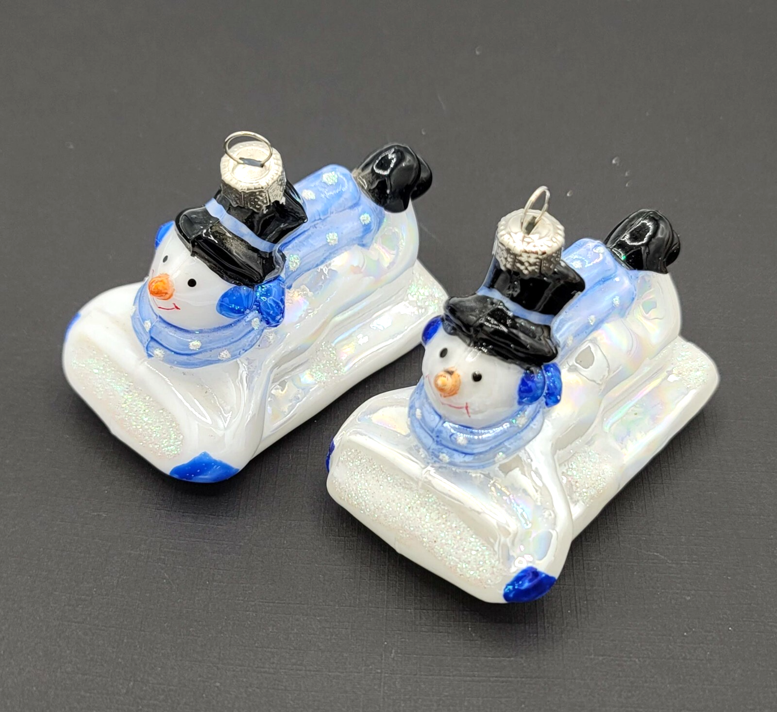 Snowman Christmas Ornament Glass Sledding Colorful Glitter Lot of 2