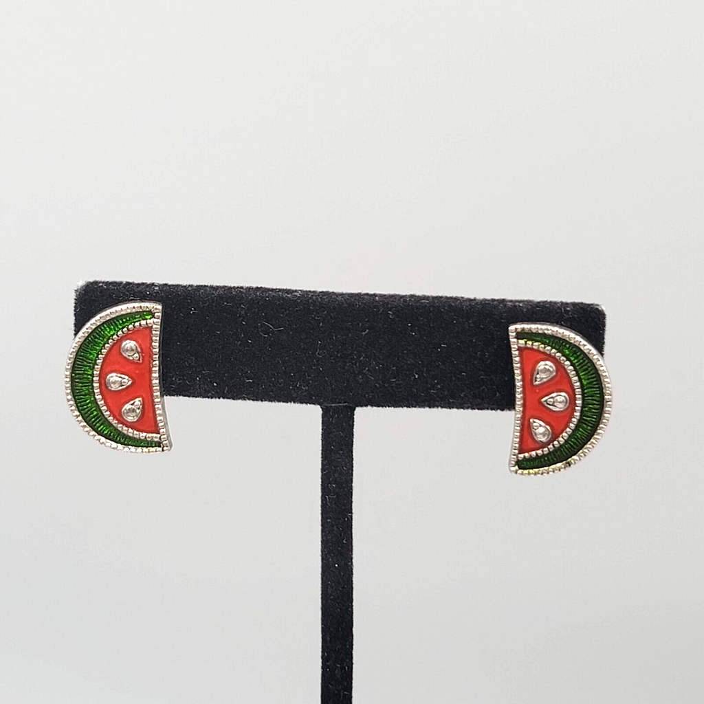 Avon Watermelon Pierced Earrings Enamel Silver tone Drop 3/4"