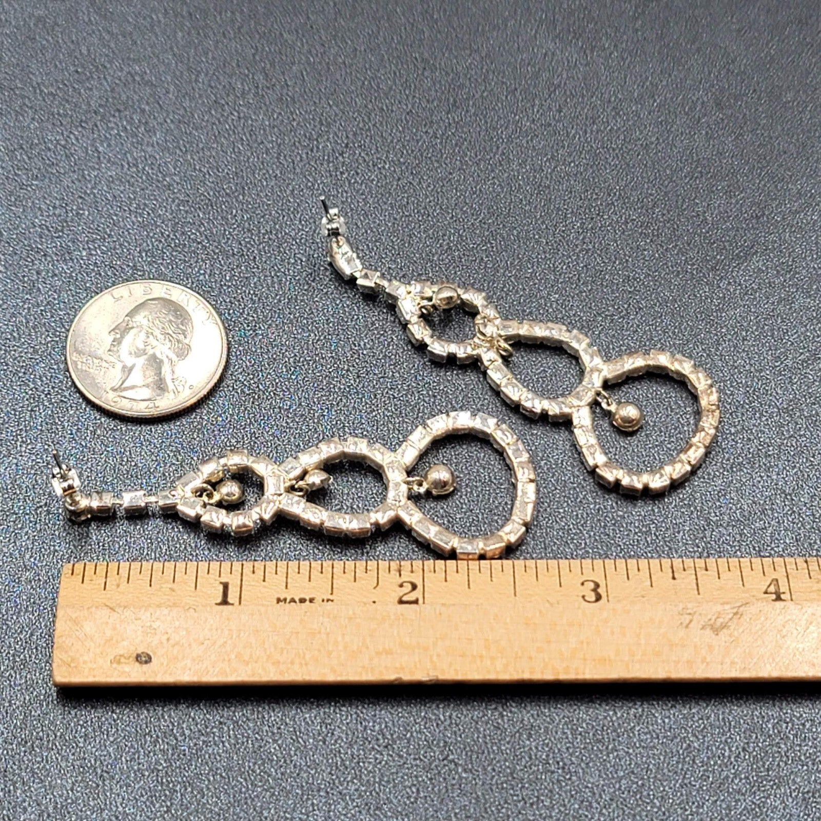 Long Rhinestone Pierced Earrings Silver tone Dangle Open Circles 2.75"