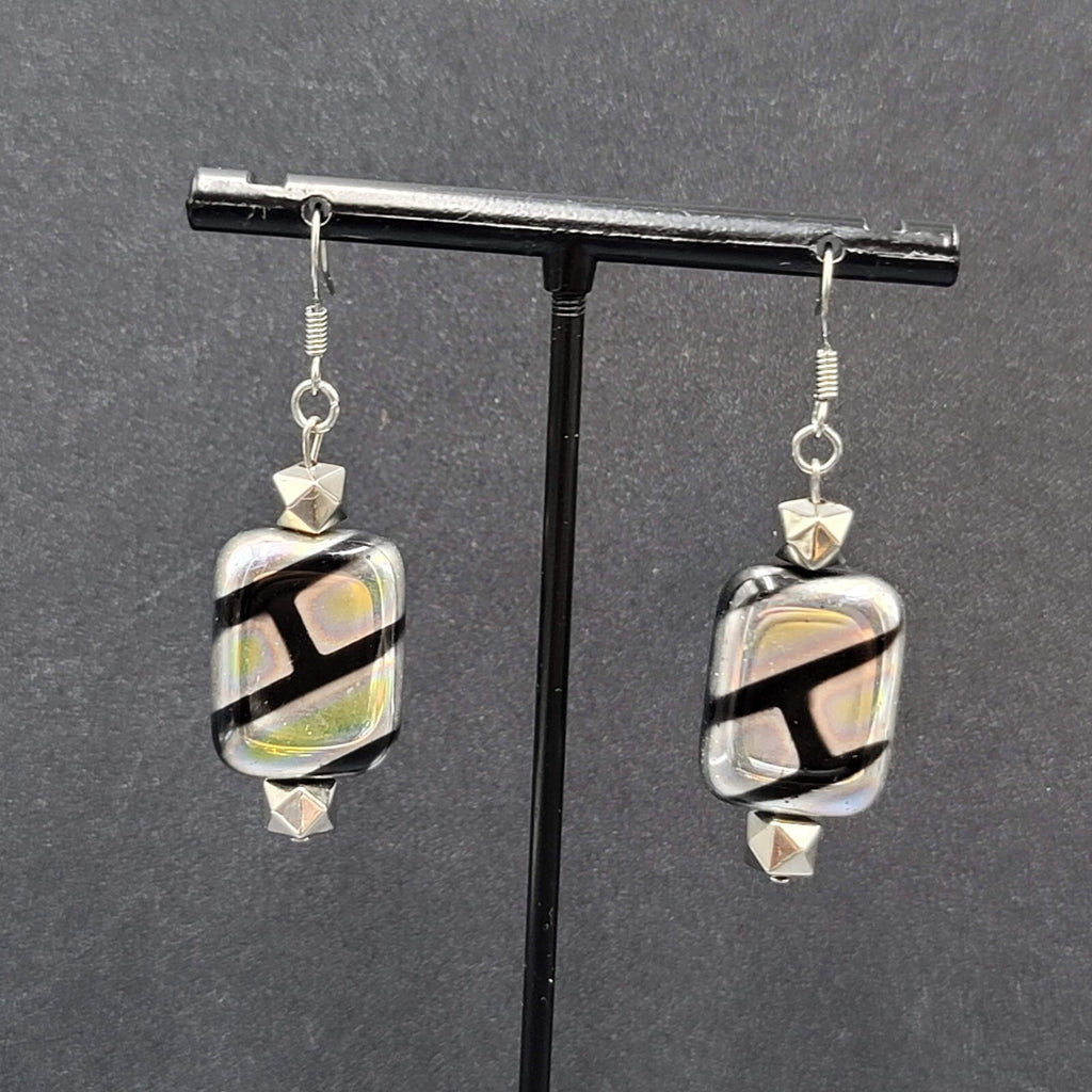 Pierced Earrings Unique Art Glass Beads Iridescent Rectangles 1 3/8"