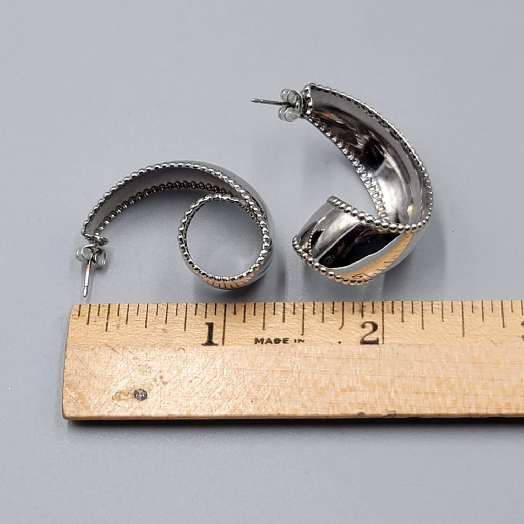 Vintage Curly Hoops Pierced Earrings High Polish Silver tone Drop 1.25"