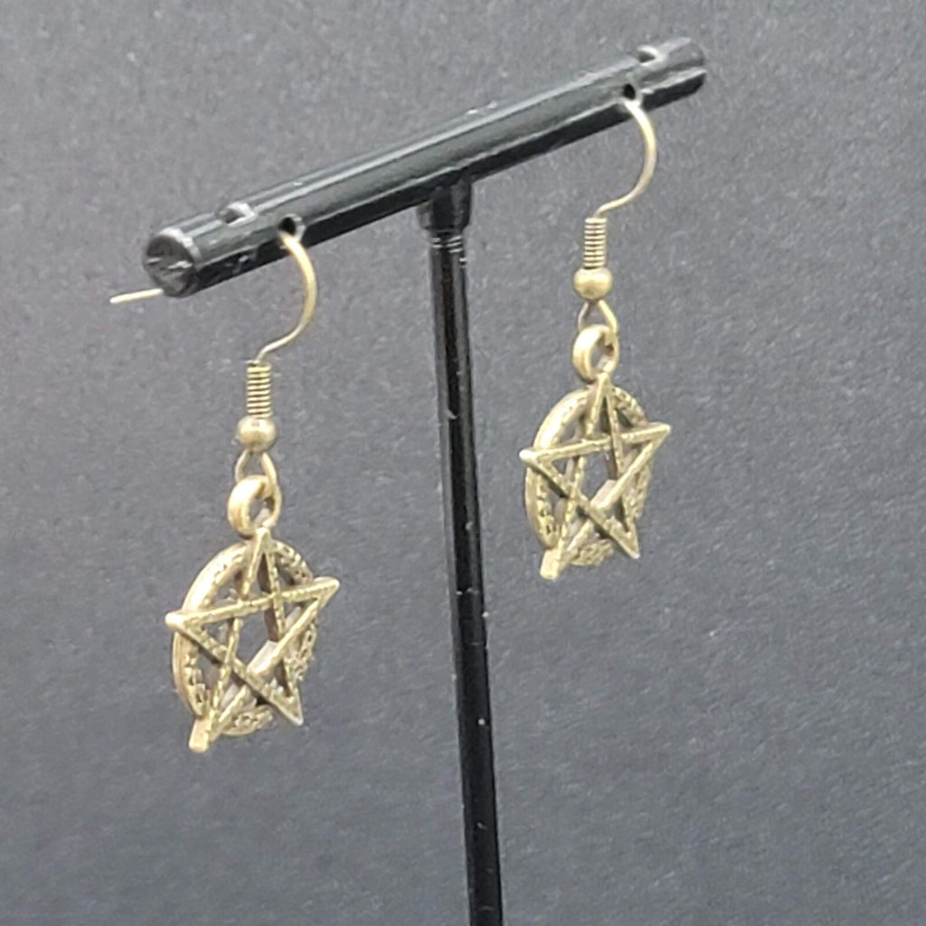 New Pentagram Circle Pierced Earrings Bronze tone Dangle 3/4"