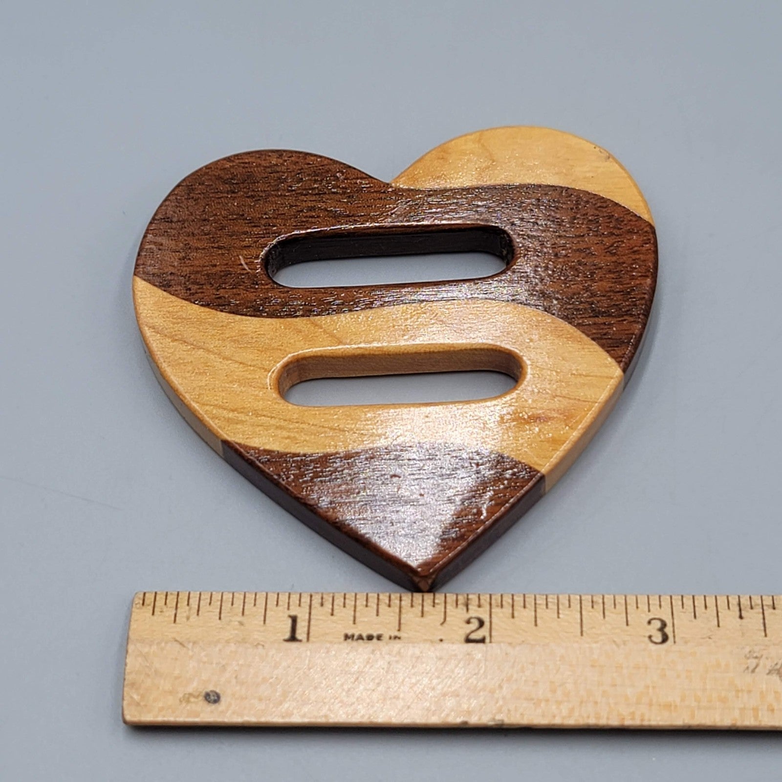 Swanee Handmade Wooden Heart Scarf Slide Maple Walnut Shirt Tail 3"