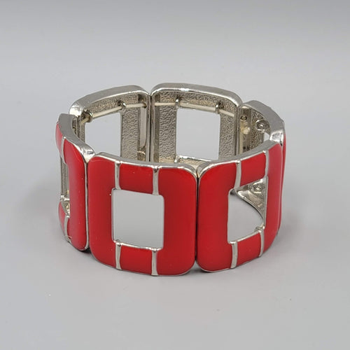 Chunky Link Bracelet Silver Tone Geometric Modern Statement Wide Elastic Enamel