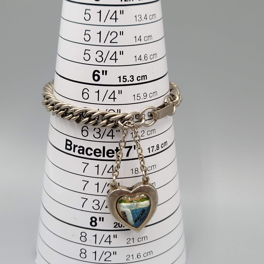 Vintage Niagara Falls Dangle Heart Charm Souvenir Bracelet Silver tone 6.5 in