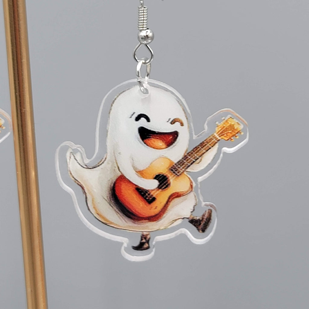 Halloween Ghost Acoustic Guitar Pierced Earrings Silver tone Dangle 1.5 in