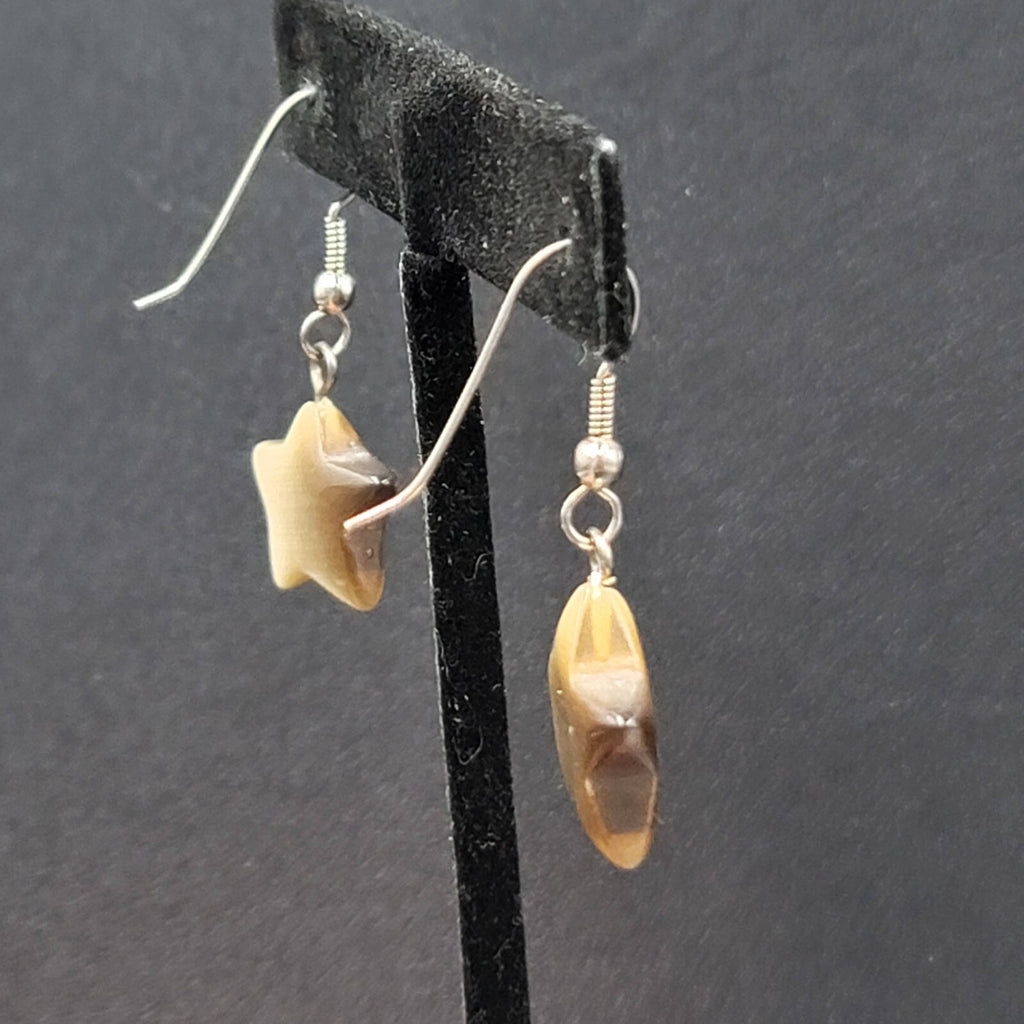 Pierced Earrings Silver tone Tan Brown Satin Cats Eye Glass Star Bead Dangle 3/4