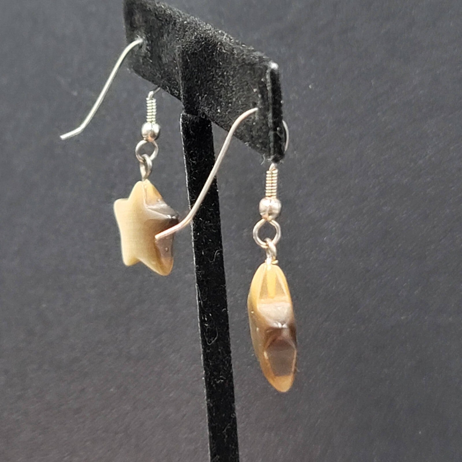 Pierced Earrings Silver tone Tan Brown Satin Cats Eye Glass Star Bead Dangle 3/4