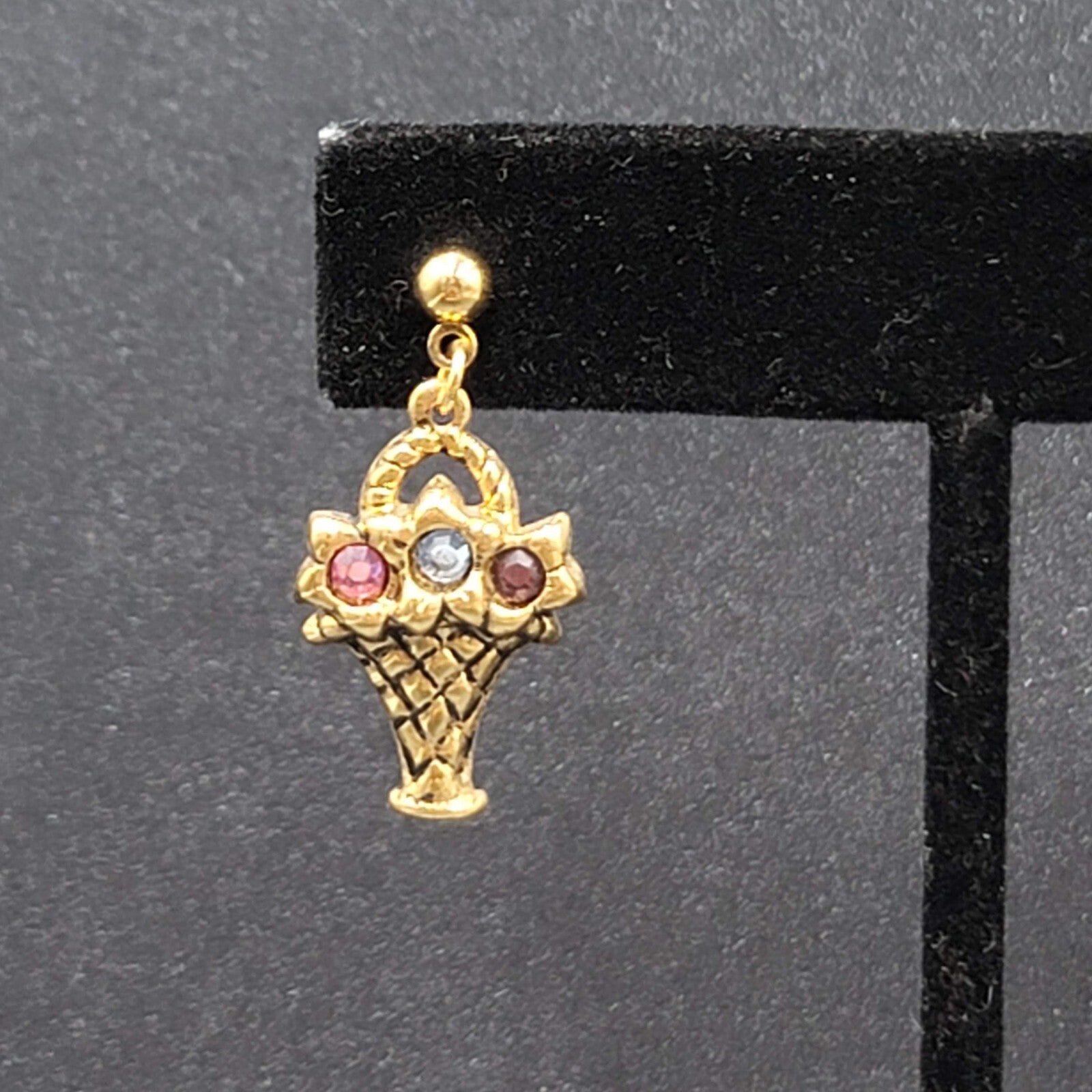 Vintage Pierced Earrings Gold tone Flower Basket Multicolor Rhinestone 7/8"