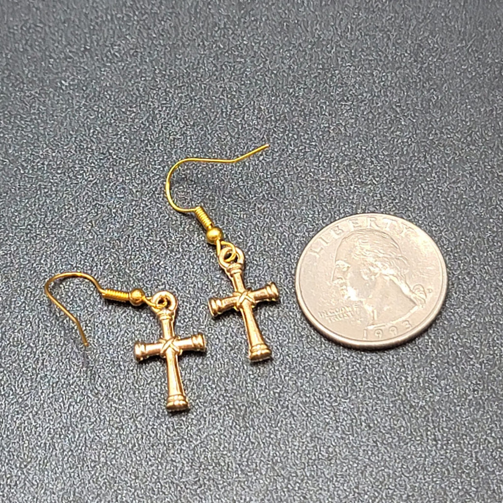 Cross Pierced Earrings Gold tone Dangle 3/4"