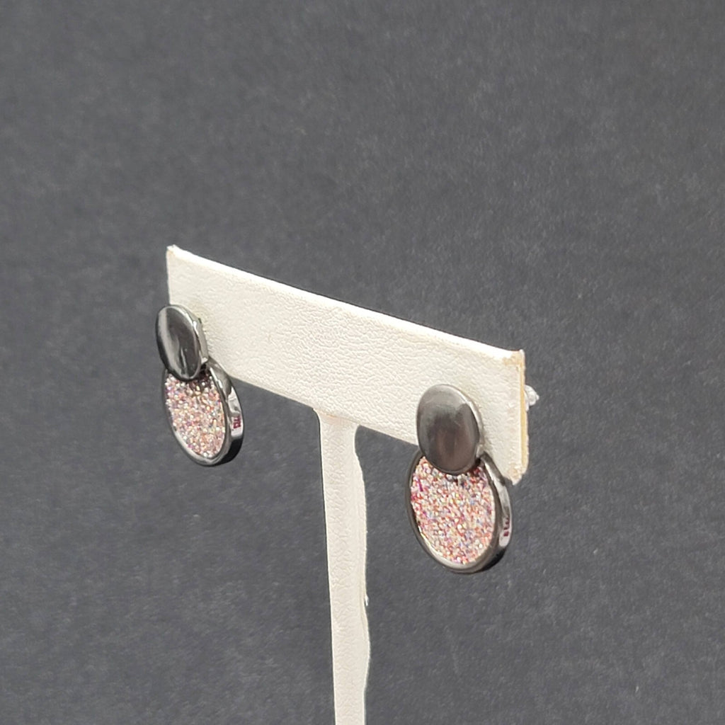 Pierced Earrings Black Metal Pink Glitter Drop Circles 3/4"