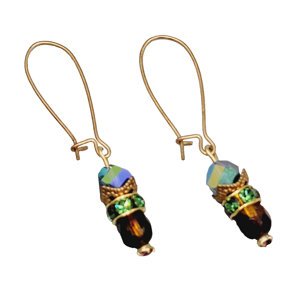 Multicolor Faceted Bead Pierced Earrings Long Gold tone Hooks 1.75"