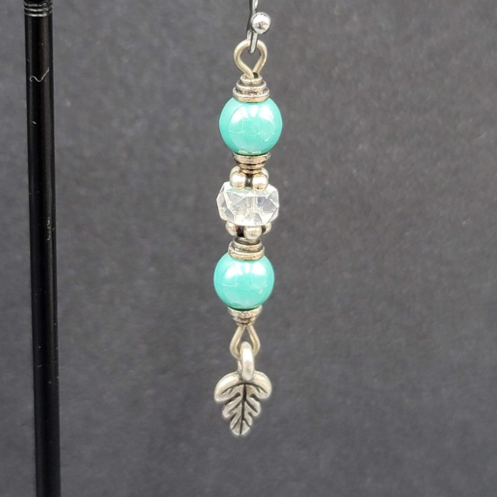 Pierced Earrings Silver tone Blue Bead Leaf Charm Dangle 1.5"
