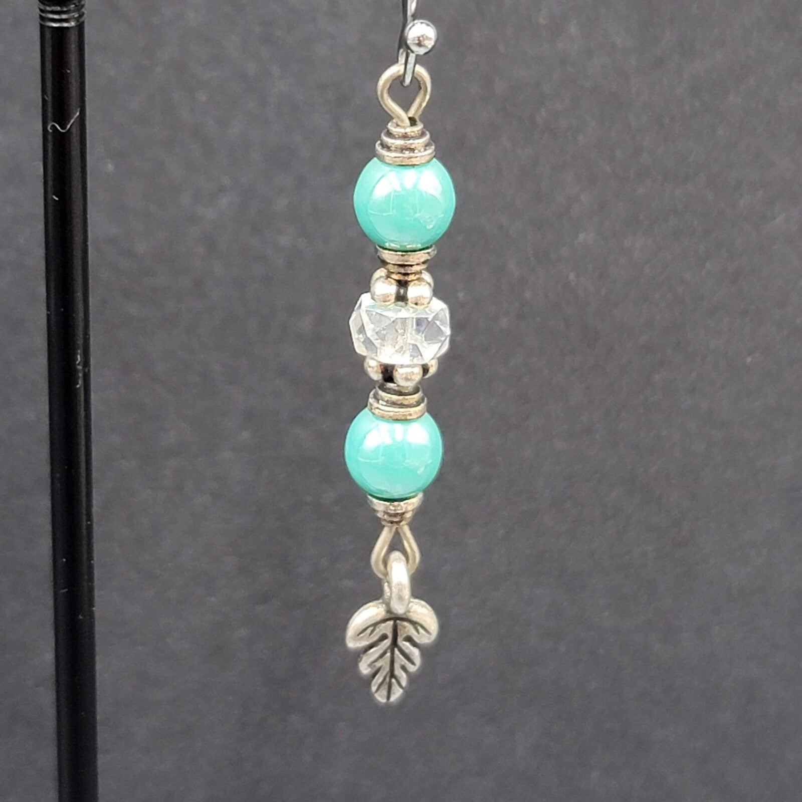Pierced Earrings Silver tone Blue Bead Leaf Charm Dangle 1.5"