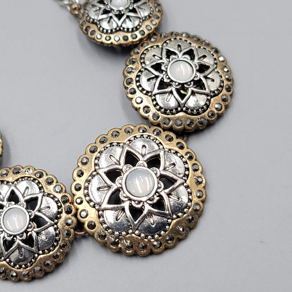 Disc Statement Necklace Two Toned Metals 16"-18"
