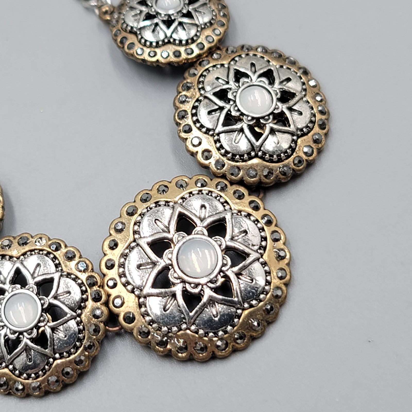 Disc Statement Necklace Two Toned Metals 16"-18"