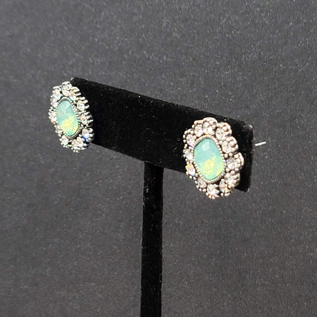 Pierced Earrings Ice Blue Green Clear Rhinestone Studs 5/8"