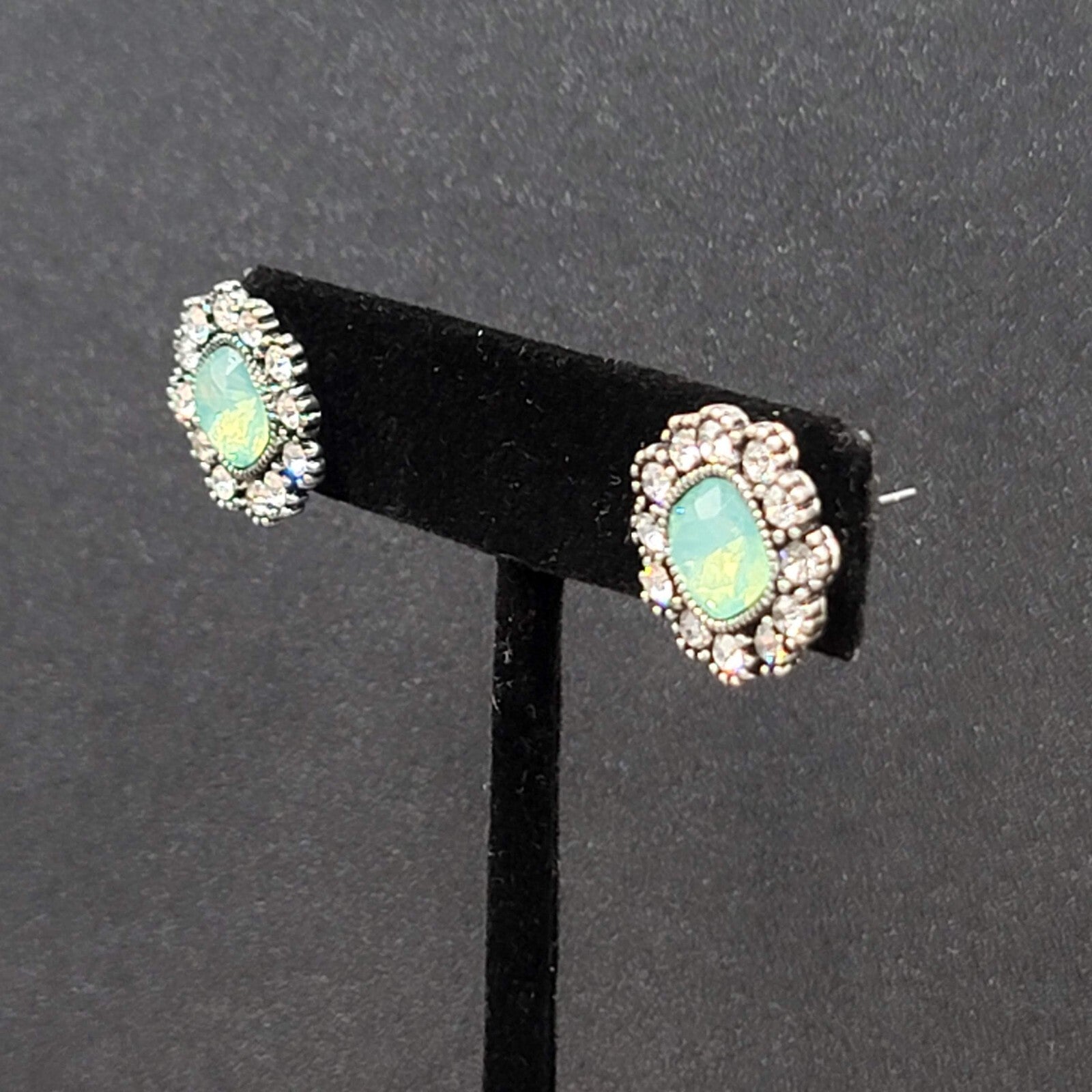 Pierced Earrings Ice Blue Green Clear Rhinestone Studs 5/8"