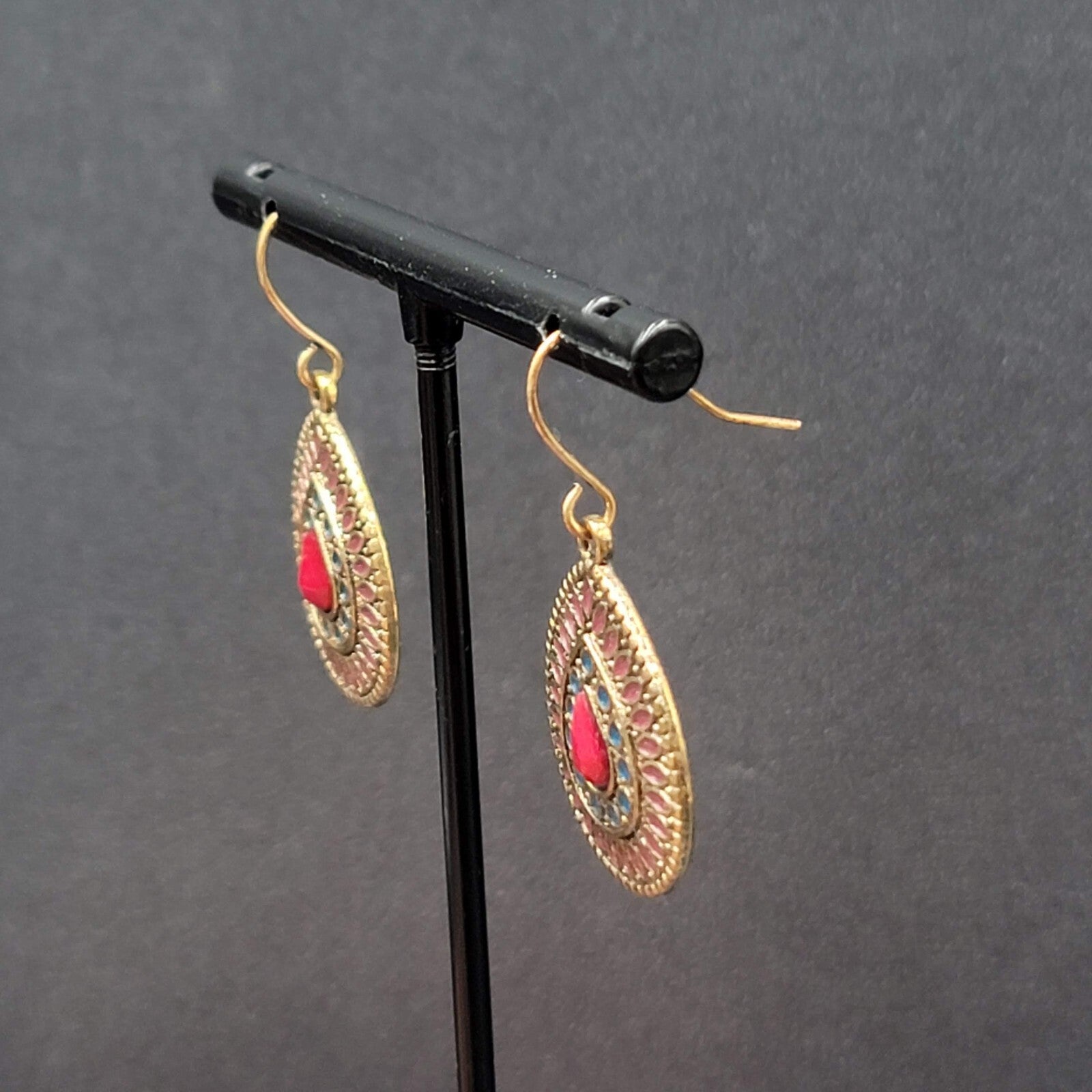 Boho Pierced Earrings Gold tone Teardrop Medallion Dangle 1"