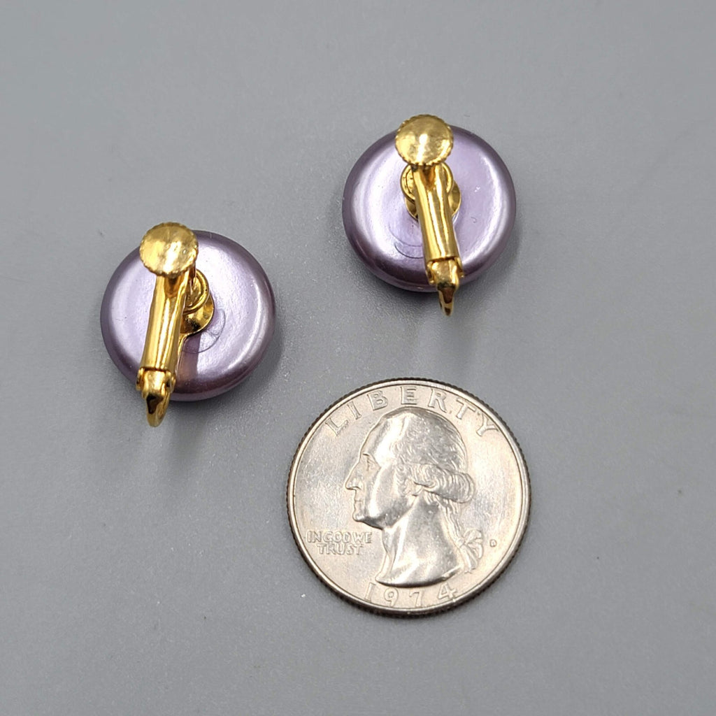 Vintage Purple Satin Round Clip on Earrings Gold tone 3/4"