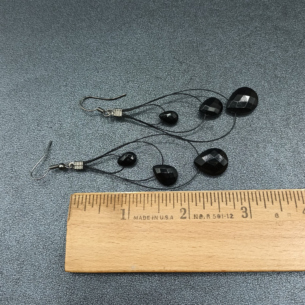 Pierced Earrings Black Plastic Loop Faceted Acrylic Teardrop Bead Dangle 2 3/4"
