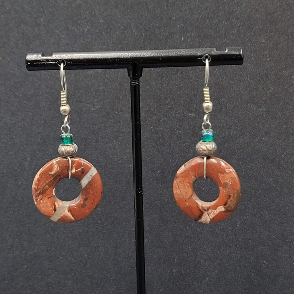 Pierced Earrings Red Agate Circle Bead Dangle Silver tone 1 1/8"