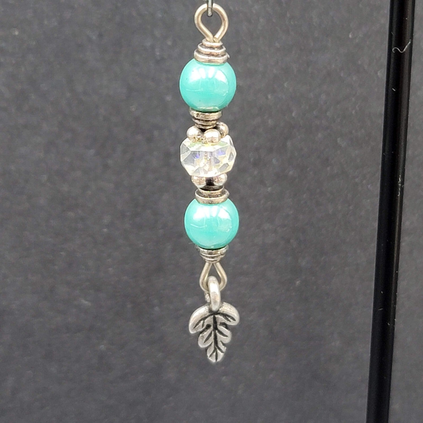 Pierced Earrings Silver tone Blue Bead Leaf Charm Dangle 1.5"