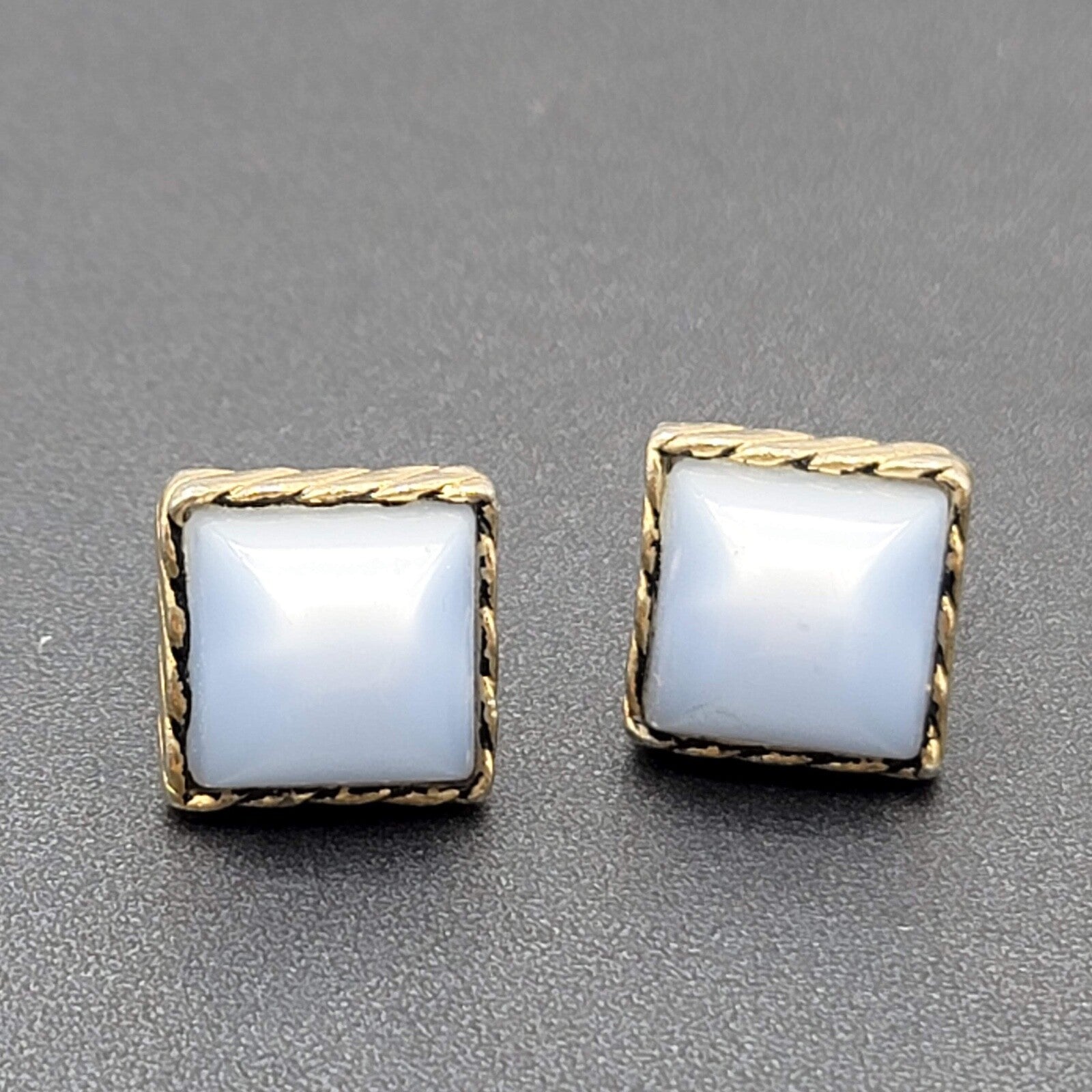 Vtg Cufflinks Gold tone Light Blue Chatoyant Domed Square Costume Mens Jewelry