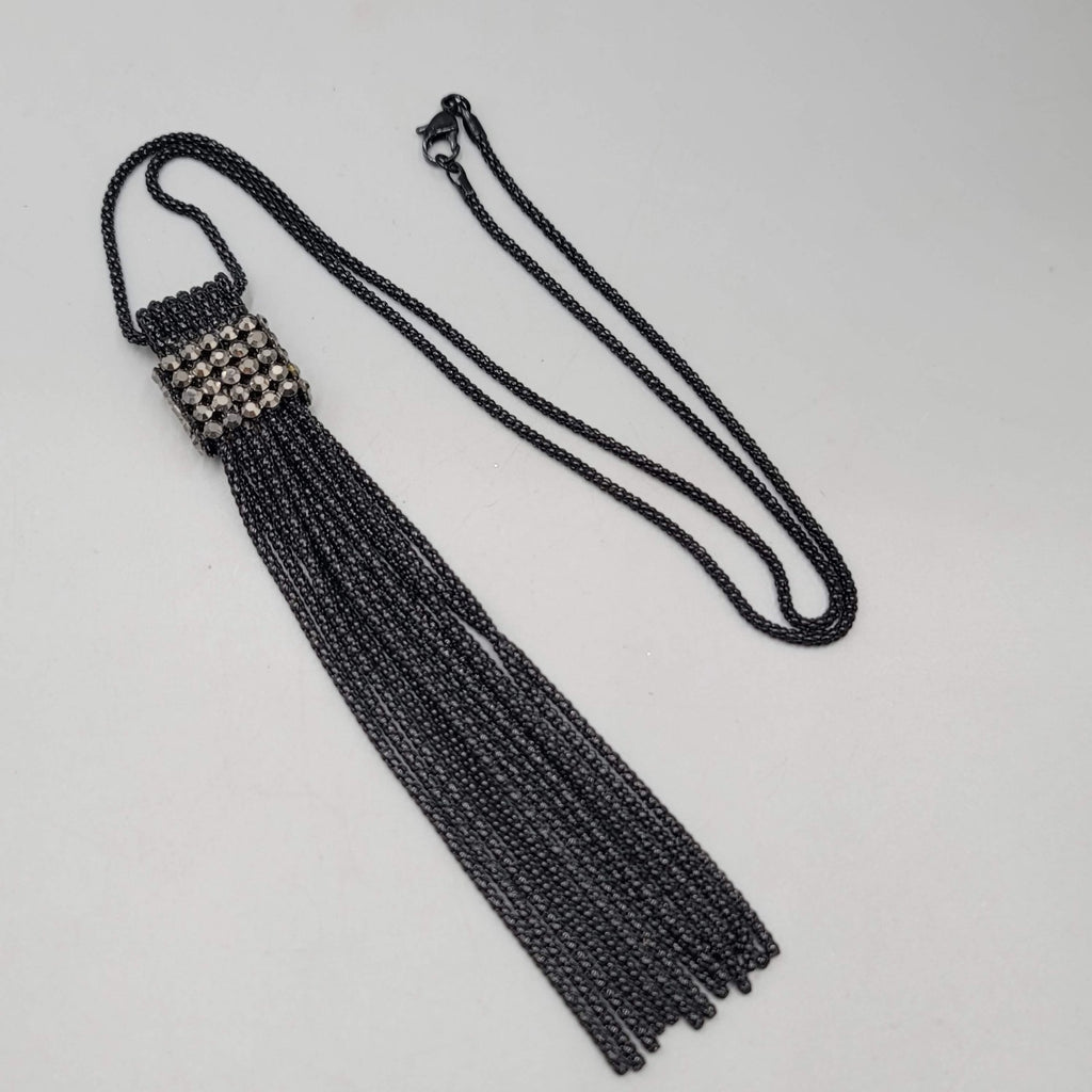 Black Metal Long Chain Tassel Necklace Black Rhinestones 26 in