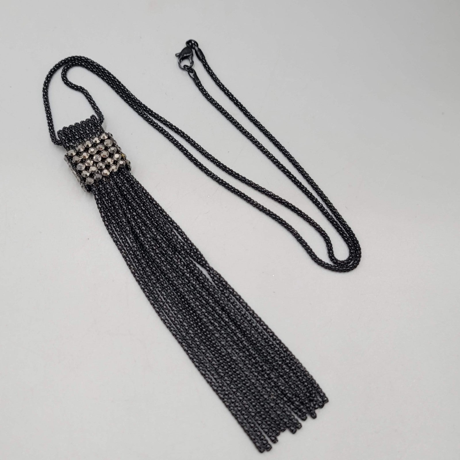 Black Metal Long Chain Tassel Necklace Black Rhinestones 26 in