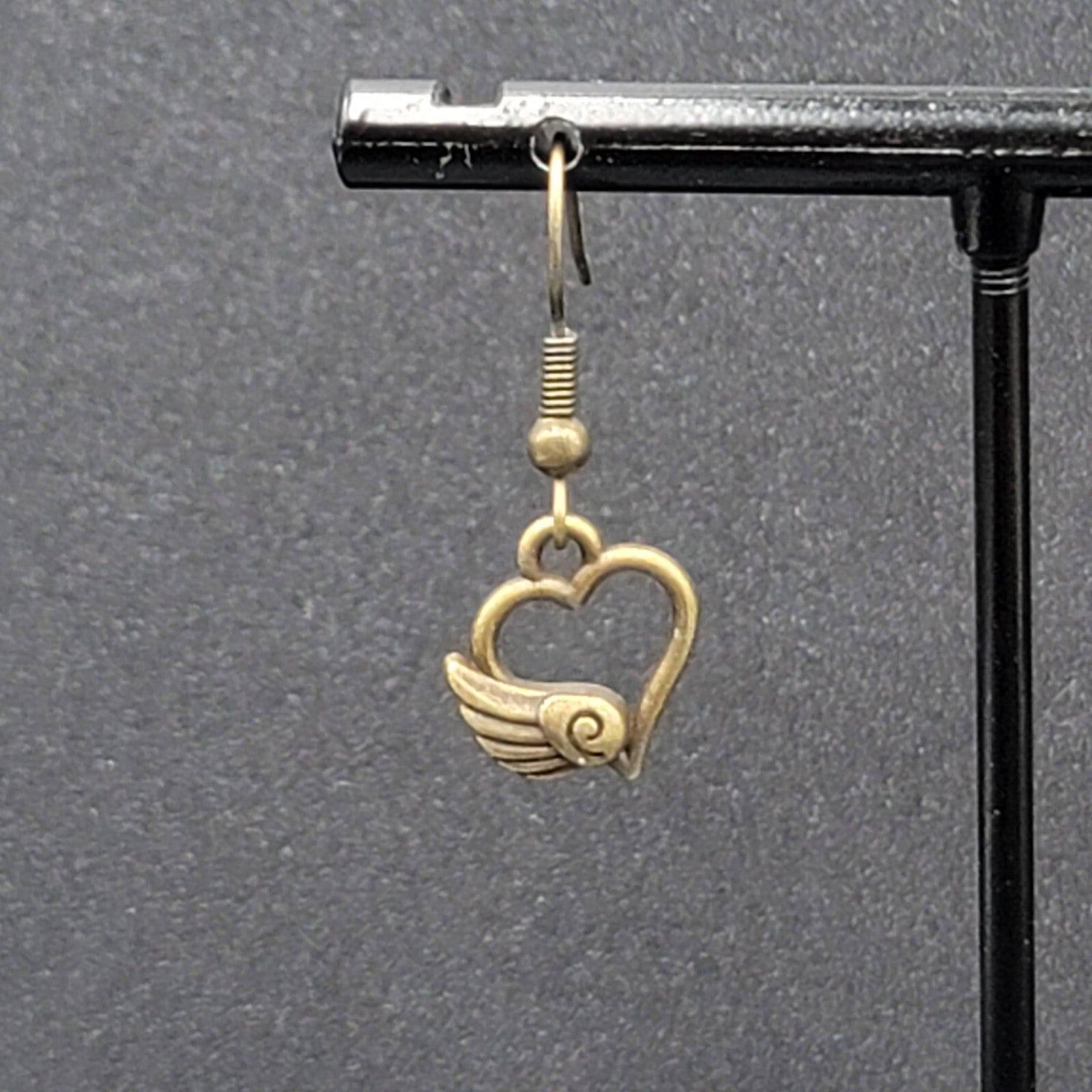 Pierced Earrings Bronze tone Open Winged Heart Dainty Dangle 1/2"