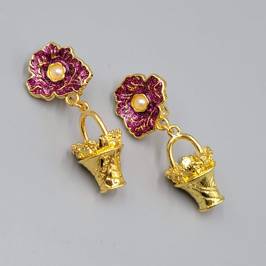 Vintage Pink Enamel Flower Clip on Earrings Gold tone Dangle Basket 1.75"