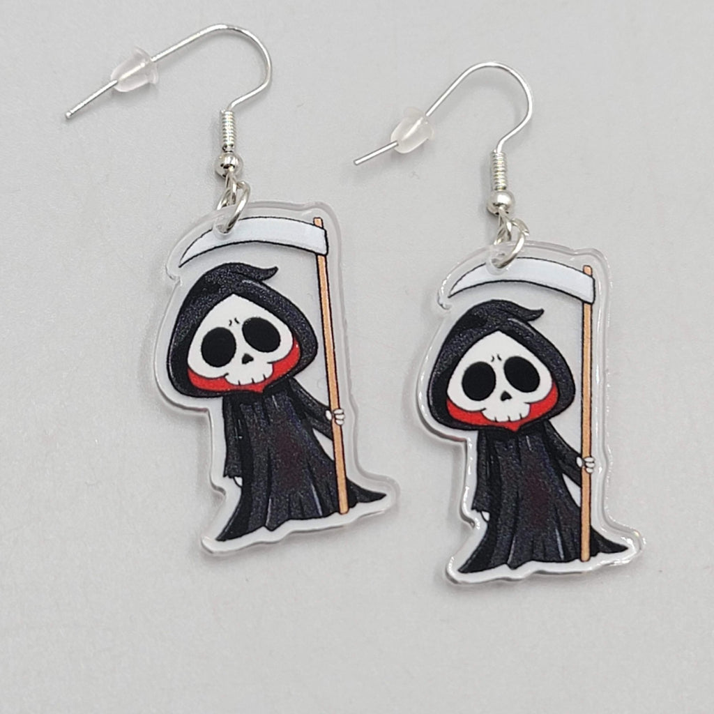 Halloween Grim Reaper Pierced Earrings Silver tone Dangle 1.5 in