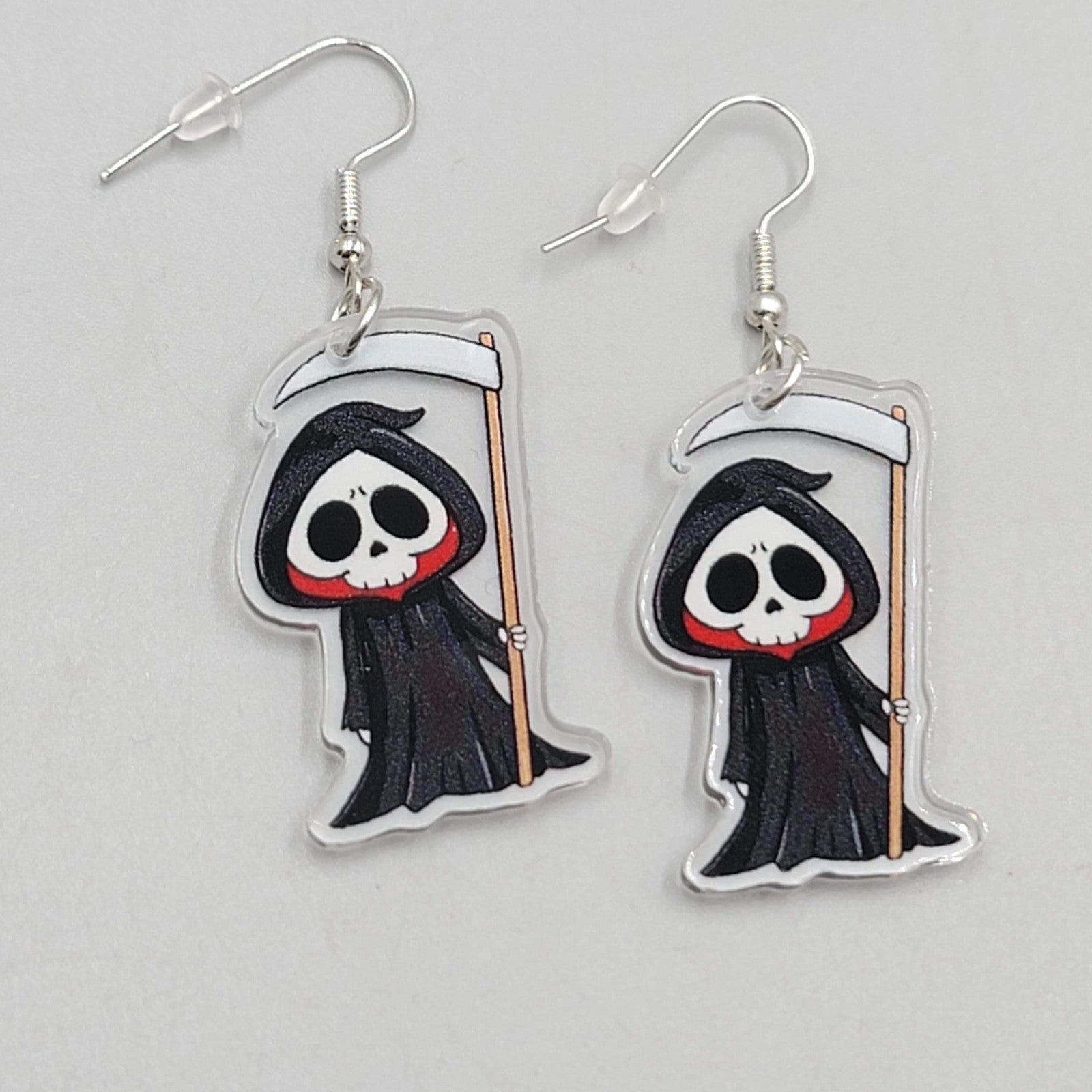 Halloween Grim Reaper Pierced Earrings Silver tone Dangle 1.5 in