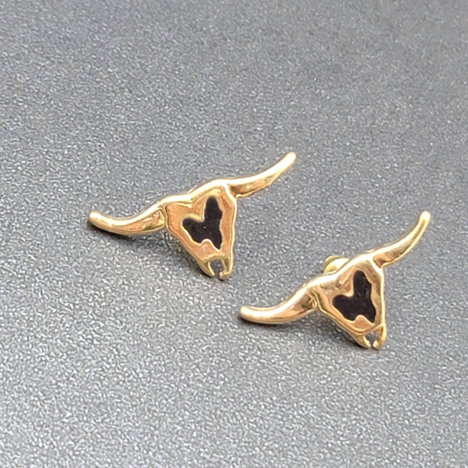 Vintage Pierced Earrings Gold Plated Long Horn Cattle Black Enamel Studs NOS