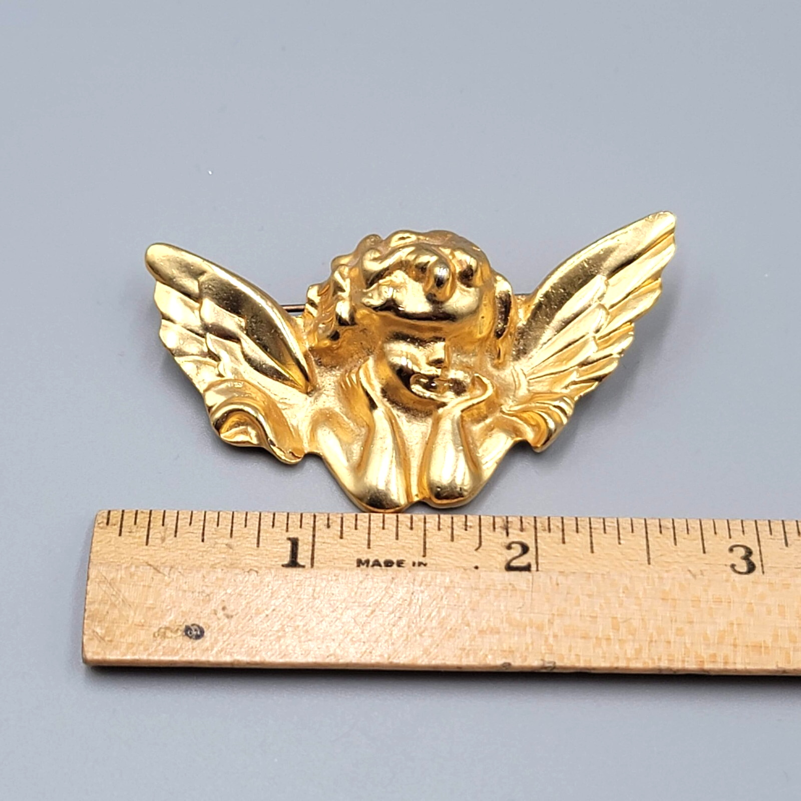 Vintage Cupid Angel Brooch Gold Plated 2.5" Wide Pin Estate Christmas