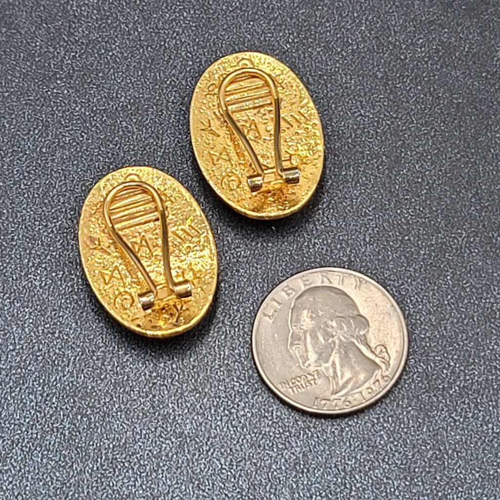 Vintage Runes Clip on Earrings Gold Plated Black Oval 1 1/8"