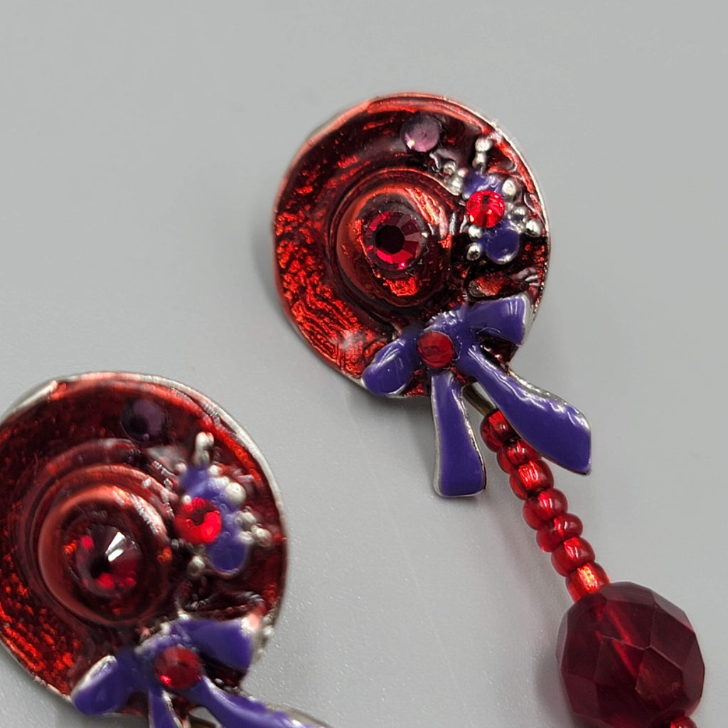 Vintage Red Hat Society Pierced Earrings Enamel Dangle 1.5"