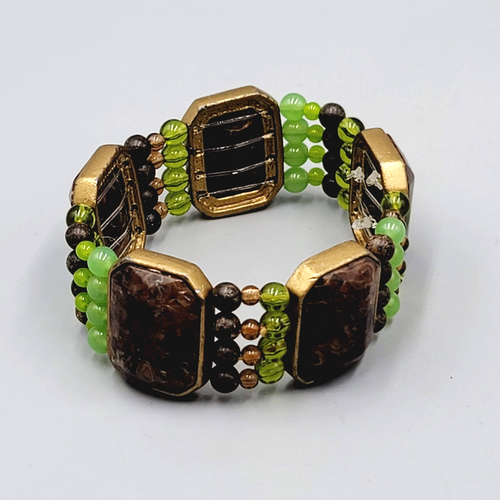 Brown Green Bead Bracelet Stretch Elastic Statement 7"