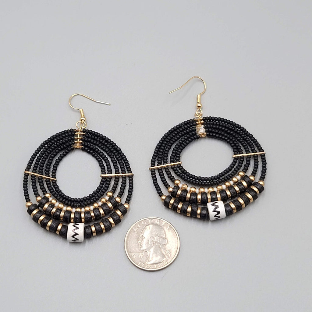 Pierced Earrings Black Gold tone Bead Hoops Boho Dangle 2"