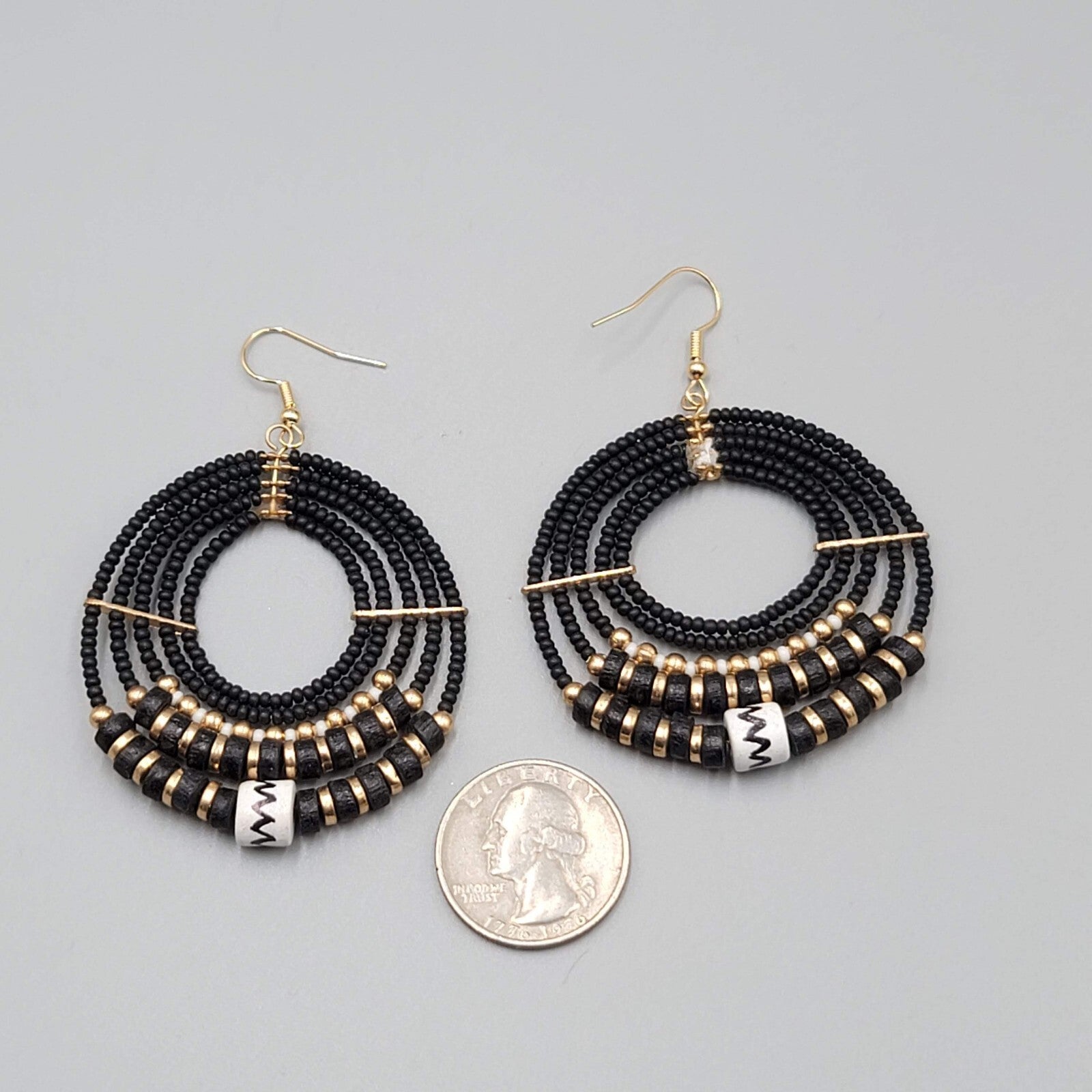 Pierced Earrings Black Gold tone Bead Hoops Boho Dangle 2"