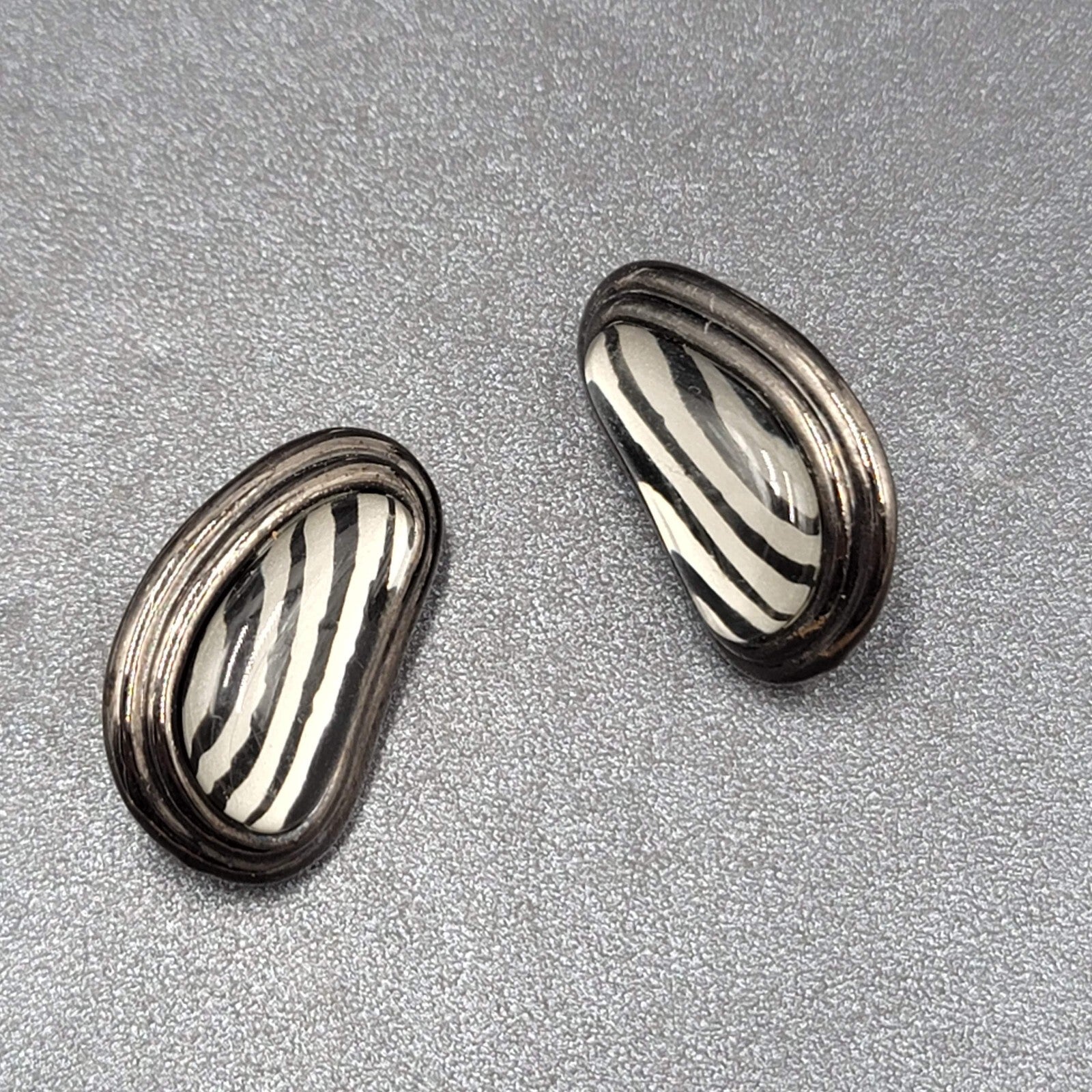 Vintage Clip on Earrings Black Metal Glass Stripes Drop 1 1/4"