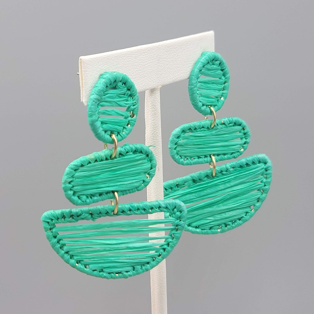 Green Rattan Pierced Earrings Statement Dangle 2.5"